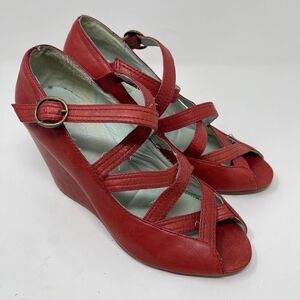 Anthropologie FARYL ROBIN Womens Sandals Wedges Peep Toe Strappy Red US 10